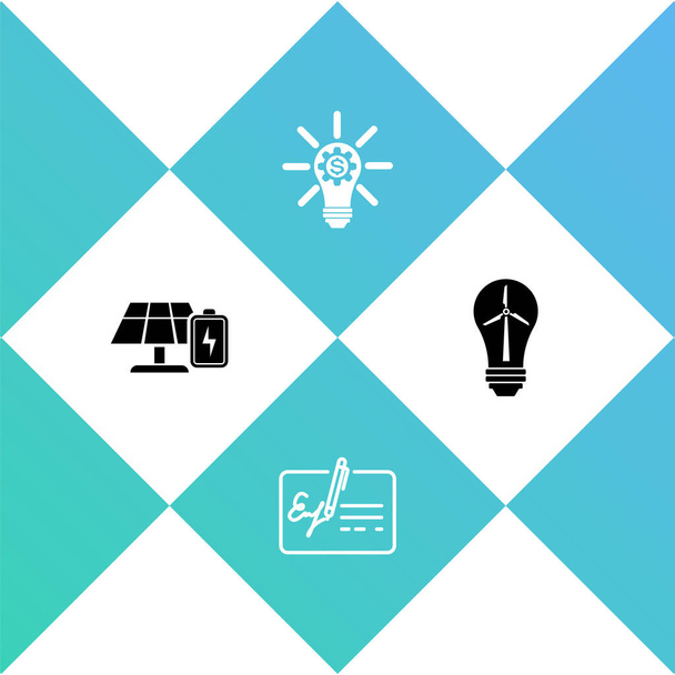 Set Solar energy panel and battery, Signed document, Light bulb with gear and wind turbine icon. Vector. - Vector, Image