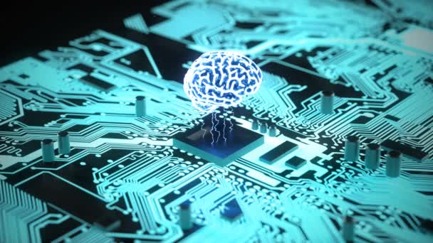 3D Glowing Motherboard AI Intelligenza artificiale. Cervello di computer con energia blu. Concetto di apprendimento automatico. Tecnologia Circuito CPU di sfondo. numeri binari computer procesing. - Filmati, video