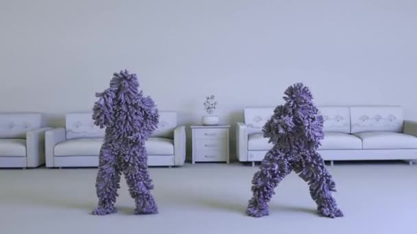 Pár 3D kreslených postav Chlupatá bestie Tančící v obývacím pokoji s pohovkami v pozadí, modré vlasy. Video - 3D vykreslování - Záběry, video