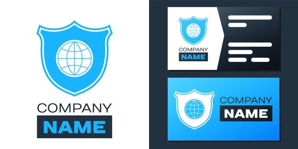 Logotype Shield met wereldbol pictogram geïsoleerd op witte achtergrond. Beveiliging, veiligheid, bescherming, privacy concept. Logo ontwerp template element. Vector. - Vector, afbeelding
