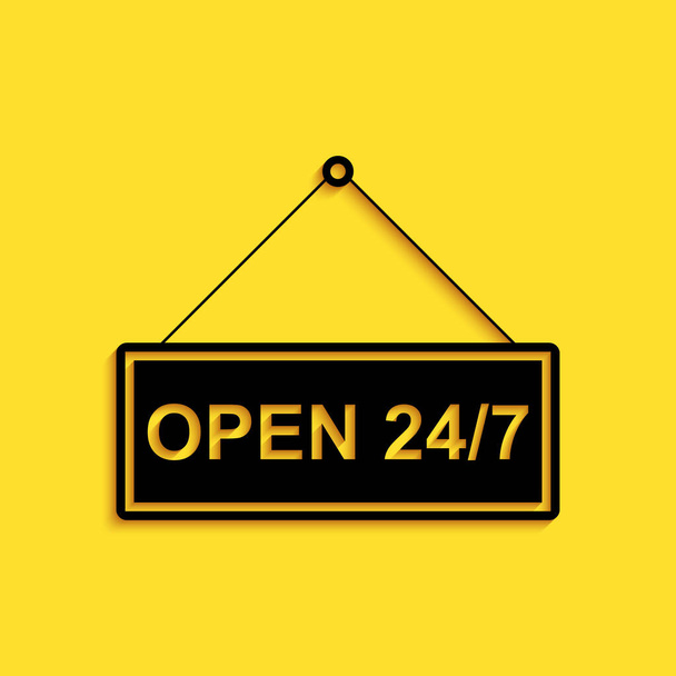 Black Hanging sign with text Open 24-7 hours icon isolated on yellow background. Business theme for cafe or restaurant, club and bar. Long shadow style. Vector. - Vector, imagen