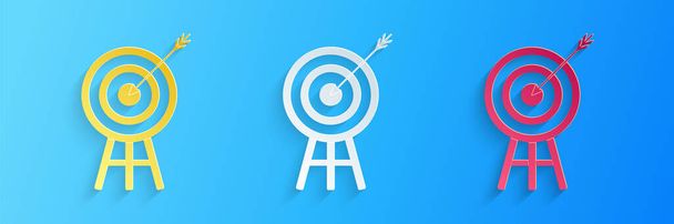 Paper cut Target with arrow icon isolated on blue background. Dart board sign. Archery board icon. Dartboard sign. Business goal concept. Paper art style. Vector. - Vector, Image