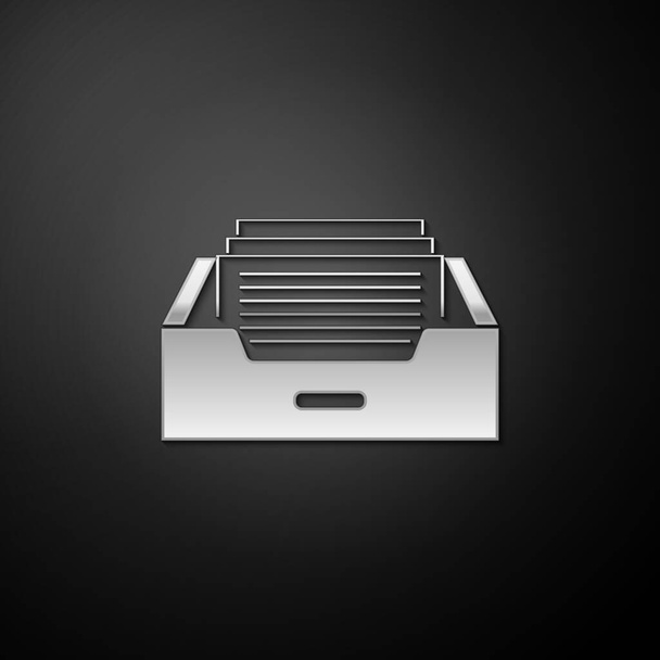Silver Drawer with documents icon isolated on black background. Archive papers drawer. File Cabinet Drawer. Office furniture. Long shadow style. Vector. - Vector, Image