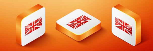 Ison-Britannian Isometrinen lippu oranssilla pohjalla. Yhdistyneen kuningaskunnan lipun merkki. Yhdistyneen kuningaskunnan virallinen lippumerkki. Brittiläinen symboli. Oranssi neliö nappi. Vektori. - Vektori, kuva