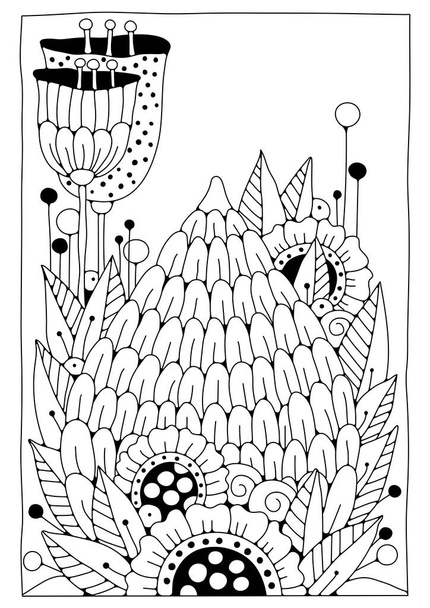 Doodle estilo página para colorir. Flor grande e botões. Ilustração em preto e branco para colorir. Art terapia para crianças e adultos. - Vetor, Imagem
