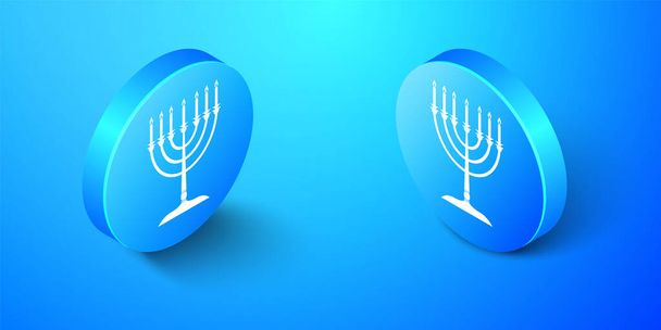 Isometric Hanukkah menorah icon isolated on blue background. Religion icon. Hanukkah traditional symbol. Holiday religion, jewish festival of Lights. Blue circle button. Vector. - Διάνυσμα, εικόνα