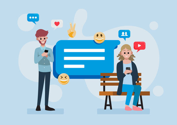 man and woman using smartphone for social media, social media chat or messenger communication concept, vector illustration in flat style with message symbol and emojis - Vektor, obrázek