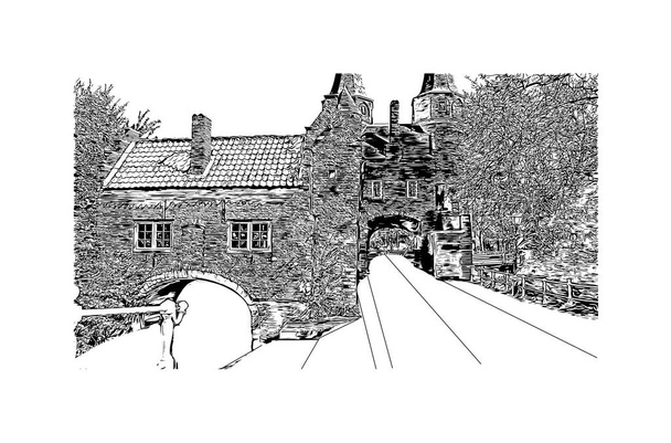 デルフトのランドマークと印刷建物の景色はオランダの街です。手描きのスケッチ図ベクトル. - ベクター画像