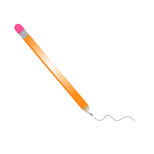 Cartoon yellow pencil with eraser isolated on white background icon and curved line. - Vector, Image