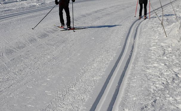 start van de langlaufloipe. De tracks worden voorbereid door een sneeuwscooter met speciale aanbouwdelen voor het duwen van de baan in de vorm van tracks. Langlaufers gebruiken ze graag om te paardrijden - Foto, afbeelding
