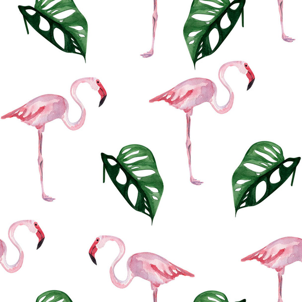 Pink flamingos and monstera tropical seamless watercolor pattern. Template for decorating designs and illustrations. - Photo, Image