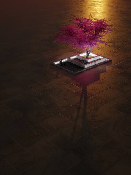 Fioletowe drzewo w marmurowym łożu z marmurowymi płatkami o zachodzie słońca. Tło fantazji z dużą negatywną przestrzenią. Renderowanie cyfrowe. - Zdjęcie, obraz