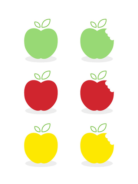 Set: elma simgeleri. Yeşil, kırmızı ve sarı parlak renkler. Tam elmalı ve ısırılmış. Vektör illüstrasyonu, düz ve minimal biçim. - Vektör, Görsel