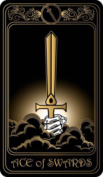   Ace of swords. Card of Minor arcana black and gold tarot cards. Tarot deck. Vector hand drawn illustration with skulls, occult, mystical and esoteric symbols. - Vector, Image