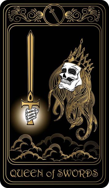   Koningin van de Zwaarden. Kaart van kleine arcana zwarte en gouden tarot kaarten. Tarotdek. Vector hand getekend illustratie met schedel, occulte, mystieke en esoterische symbolen. - Vector, afbeelding