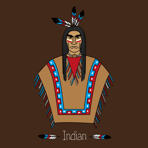 Гордый американский индеец в красочной одежде. Изолированный на белом фоне. Вектор - Вектор,изображение