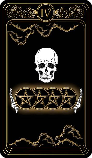   Vier van pentakels. Kaart van kleine arcana zwarte en gouden tarot kaarten. Tarotdek. Vector hand getekend illustratie met schedel, occulte, mystieke en esoterische symbolen. - Vector, afbeelding