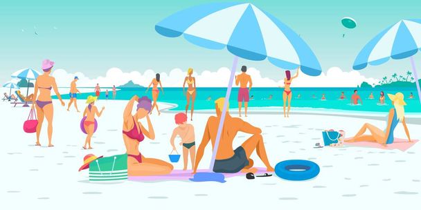 Vacanze estive, gente sulla spiaggia. Illustrazione vettoriale di mare, sabbia, sole e cielo. - Vettoriali, immagini