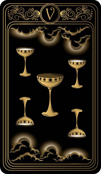   Pět šálků. Karta Minor Arcana černé a zlaté tarotové karty. Tarotová paluba. Vektorové ručně kreslené ilustrace s okultními, mystickými a esoterickými symboly. - Vektor, obrázek