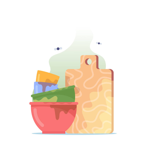 Piszkos ételek Pile, halom tálak, tányérok és poharak vágódeszka mosni, higiénikus büdös edények legyek - Vektor, kép