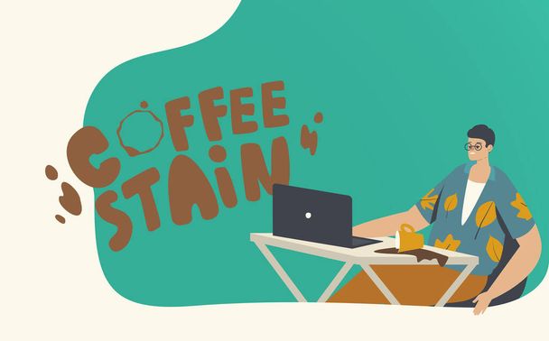 Neohrabaný muž sedí na pracovním místě Rozlitá káva v blízkosti notebooku dát skvrny na stole. Problémy v práci, poruchy, neohrabanost - Vektor, obrázek