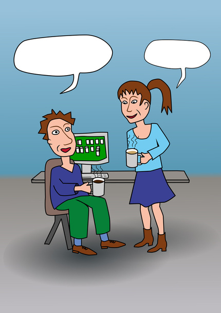 A cartoon in a office with a man and a woman - Vector, Image