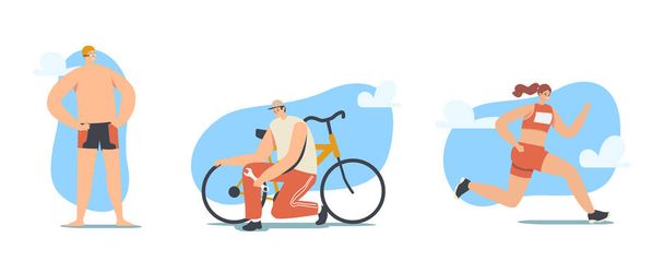 Concepto de competición de triatlón. Personajes masculinos y femeninos de los triatletas Correr, andar en bicicleta y nadar durante Toirnament - Vector, Imagen