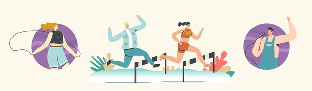 Happy Man and Woman Running with Obstacles on Stadium, Singing Karaoke o Jumping with Rope. Vida activa, actividad deportiva - Vector, imagen