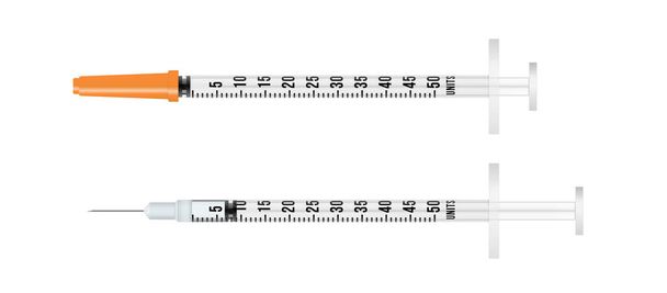 Jeringa desechable médica realista de insulina con aguja, dosis y tapa. Aplicable para la inyección de insulina o vacuna, ilustración de la vacunación. jeringa de plástico 3d con aguja. Ilustración vectorial - Vector, Imagen
