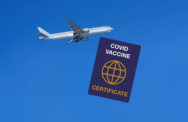 Certyfikat Covid poświadczający odporność i ochronę danych w celu umożliwienia podróży zagranicznych. Obraz przedstawiający certyfikat i niezidentyfikowany samolot pasażerski na błękitnym niebie. - Zdjęcie, obraz