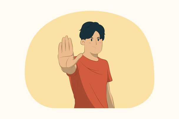 Displeased young man showing stop gesture with palm concept - Vector, Image