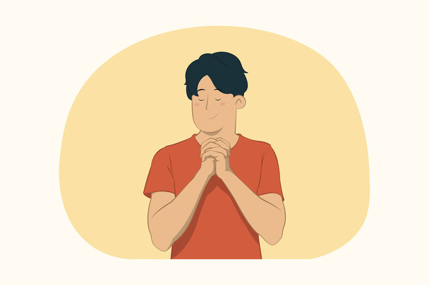 Smekende jongeman hand in hand gevouwen in bidden concept - Vector, afbeelding