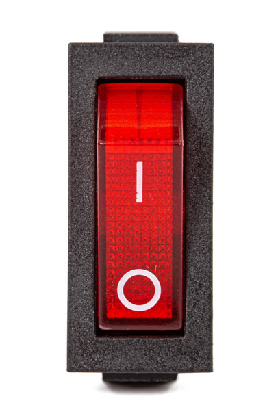 Interruttore di accensione rosso in posizione OF, isolato su sfondo bianco - Foto, immagini