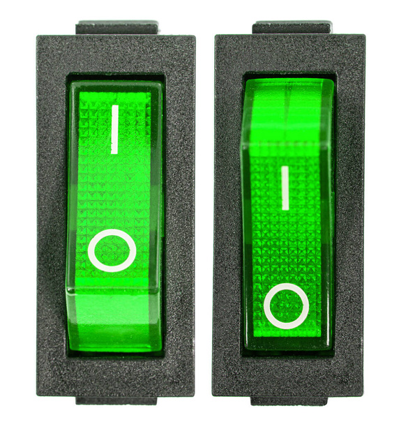 Interruptores de alimentación verde en posición ON y OF, aislados sobre fondo blanco - Foto, Imagen