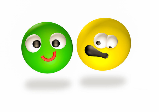 3D-Symbol für lächelnde Emojis, verrücktes Gesicht, schreiend, verzweifelt, das Leben genießend, grün und gelb. Pralle Augen für soziale Medien - Foto, Bild