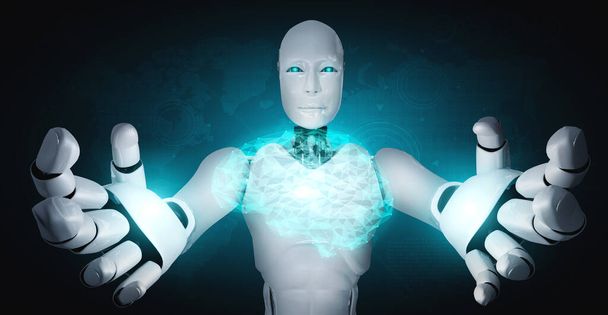 Τεχνητό ανθρωποειδές ρομπότ με εικονική οθόνη ολόγραμμα που δείχνει την έννοια του εγκεφάλου AI - Φωτογραφία, εικόνα