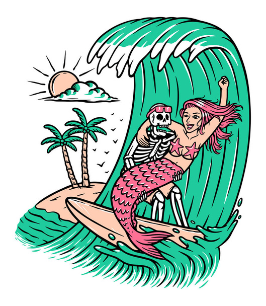 Schedel en zeemeermin surfen illustratie - Vector, afbeelding