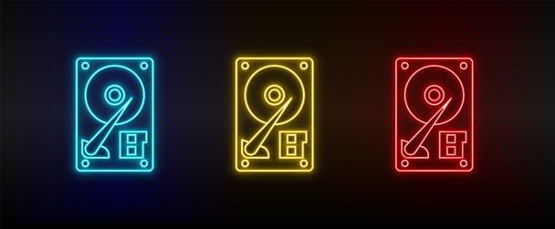 Neon icon set Harddisk. Set of red, blue, yellow neon vector icon - Vettoriali, immagini