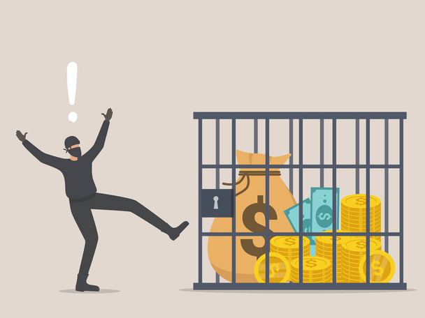 saco de dinheiro com sinal de dólar desejado pelo ladrão sendo preso dentro de uma gaiola trancada - Vetor, Imagem