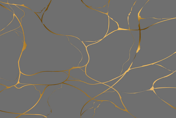 Gouden kintsugi op grijze achtergrond. Scheuren en kapotte effecten. Marmeren textuur. Luxe design voor muurkunst, behang, trouwkaart, sociale media. Moderne vectorillustratie - Vector, afbeelding