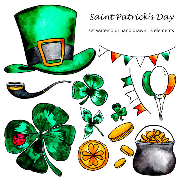 set of hand drawn watercolor elements for st patrick's day isolated on white background - Photo, Image