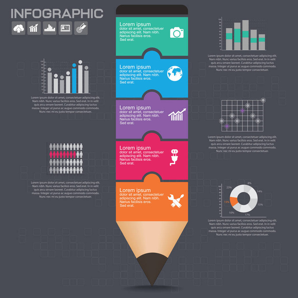 Розкладка бізнес-інфографіки з ілюстрацією креативного барвистого олівця
. - Вектор, зображення