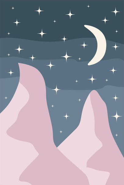 Minimalista abstracto paisaje noche cielo estrella luna montañas vector - Vector, Imagen