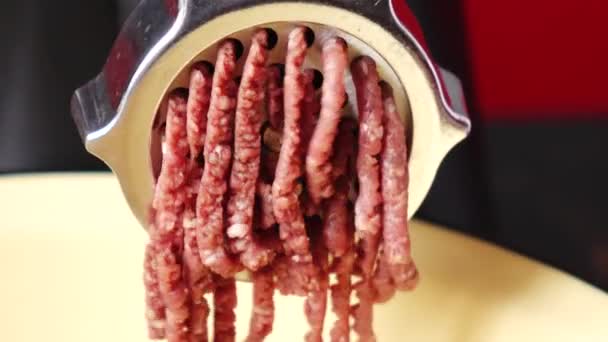 Cocinar carne picada en una picadora de carne eléctrica de carne fresca en casa. - Metraje, vídeo