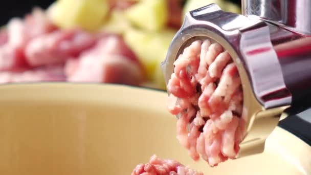 Hackfleisch in einem elektrischen Fleischwolf aus frischem Fleisch zu Hause zubereiten. - Filmmaterial, Video