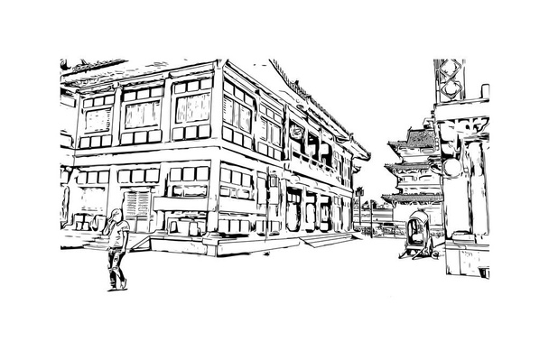 Print Gebouw uitzicht met bezienswaardigheid van Datong is de stad in China. Handgetekende schets illustratie in vector. - Vector, afbeelding