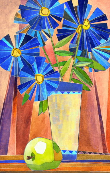 stylizované akvarel zátiší. váza s velkými modrými květy - Fotografie, Obrázek