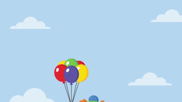 Verjaardag Grappige Clown stripfiguur met ballonnen vliegen in de lucht. 4K Animatie Video Beweging Graphics met achtergrond en tekst - Video