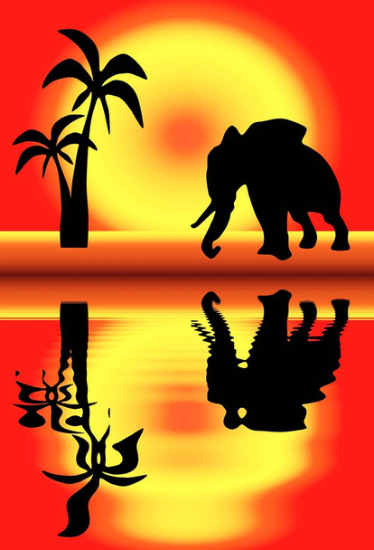 Elefante sedento que veio no lugar molhando, calor no deserto, clip art  - Foto, Imagem