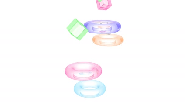 Farbige gläserne Physikwürfel fallen auf einen transparenten Torus - Filmmaterial, Video